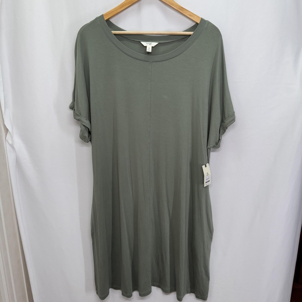 Terra & Sky Womens T-Shirt Dress Size 14 Green Roll Cuff Pockets Soft Jersey